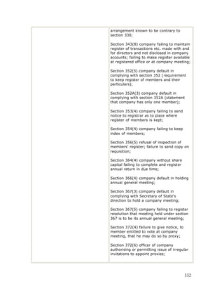 arrangement known to be contrary to
section 330;

Section 343(8) company failing to maintain
register of transactions etc. made with and
for directors and not disclosed in company
accounts; failing to make register available
at registered office or at company meeting;

Section 352(5) company default in
complying with section 352 (requirement
to keep register of members and their
particulars);

Section 352A(3) company default in
complying with section 352A (statement
that company has only one member);

Section 353(4) company failing to send
notice to registrar as to place where
register of members is kept;

Section 354(4) company failing to keep
index of members;

Section 356(5) refusal of inspection of
members' register; failure to send copy on
requisition;

Section 364(4) company without share
capital failing to complete and register
annual return in due time;

Section 366(4) company default in holding
annual general meeting;

Section 367(3) company default in
complying with Secretary of State's
direction to hold a company meeting;

Section 367(5) company failing to register
resolution that meeting held under section
367 is to be its annual general meeting;

Section 372(4) failure to give notice, to
member entitled to vote at company
meeting, that he may do so by proxy;

Section 372(6) officer of company
authorising or permitting issue of irregular
invitations to appoint proxies;




                                            332
 