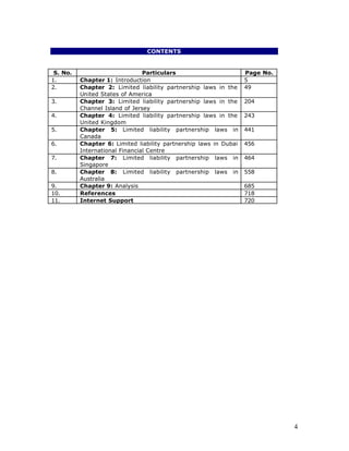CONTENTS


 S. No.                         Particulars                        Page No.
1.        Chapter 1: Introduction                                  5
2.        Chapter 2: Limited liability partnership laws in the     49
          United States of America
3.        Chapter 3: Limited liability partnership laws in the     204
          Channel Island of Jersey
4.        Chapter 4: Limited liability partnership laws in the     243
          United Kingdom
5.        Chapter 5: Limited liability partnership laws in         441
          Canada
6.        Chapter 6: Limited liability partnership laws in Dubai   456
          International Financial Centre
7.        Chapter 7: Limited liability partnership laws in         464
          Singapore
8.        Chapter 8: Limited liability partnership laws in         558
          Australia
9.        Chapter 9: Analysis                                      685
10.       References                                               718
11.       Internet Support                                         720




                                                                              4
 