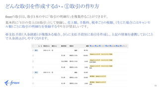 13 
どんな取引を作成するか - ①取引の作り方
freeeの取引は、取引1本の中に「取引の明細行」を複数作ることができます。
基本的に「1日の売上は1取引」として登録し、売上額、手数料、税率ごとの税額、（生じた場合にはキャンセ
ル額）ごとに取引の明細行を登録するやり方が望ましいです。
※支払手段（入金経路）が複数ある場合、さらに支払手段別に取引を作成し、上記の情報を連携しておくこと
で入金消込がしやすくなります。
 