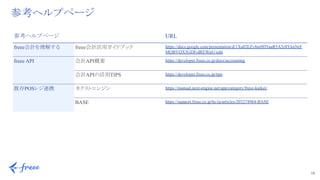 16 
参考ヘルプページ
参考ヘルプページ URL
freee会計を理解する freee会計活用ガイドブック https://docs.google.com/presentation/d/1Xs02EZv8m9DYaaR5A5z8YknNrF
MQBVQX5GDIvdREWpU/edit
freee API 会計API概要 https://developer.freee.co.jp/docs/accounting
会計APIの活用TIPS https://developer.freee.co.jp/tips
既存POSレジ連携 ネクストエンジン https://manual.next-engine.net/app/category/freee-kaikei/
BASE https://support.freee.co.jp/hc/ja/articles/203274964-BASE
 