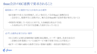 3 
freee会計のEC連携で要求されること
最低限ユーザーに提供することが求められる要件
必ずしも提供必須ではない要件　
・EC店舗での売上/支出情報が、正しい取引として会計freeeに連携される
　　- 会計計上、税務申告に支障がなく、極力会計freee側で追加作業が発生しないこと
・事業者が把握している売上に対する、入金確認と消込ができる
　　- 入金消込のしやすさまでを意識した設計となっていること
・売上分析に必要な詳細情報の連携（商品種別、ユーザー属性、決済方法など）
　　- 詳細な分析業務についてはECサービス側で実現できることが望ましい
・ECサービス側のAPIから取得できない情報の連携（一部決済手数料など）
 