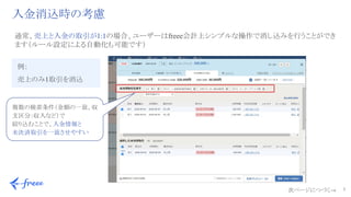 7 
入金消込時の考慮
通常、売上と入金の取引が1:1の場合、ユーザーはfreee会計上シンプルな操作で消し込みを行うことができ
ます（ルール設定による自動化も可能です）
例：
売上のみ1取引を消込
次ページにつづく→
複数の検索条件（金額の一致、収
支区分：収入など）で
絞り込むことで、入金情報と
未決済取引を一致させやすい
 