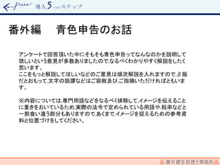 導入 つのステップ
番外編
アンケートで回答頂いた中にそもそも青色申告ってなんなのかを説明して
欲しいという意見が多数ありましたので,なるべくわかりやすく解説をしたく
思います。
ここをもっと解説してほしいなどのご意見は順次解説を入れますので,β版
だとおもって,文字の誤謬などはご容赦及び,ご指摘いただければともいま
す。
※内容については,専門用語などをなるべく排除して,イメージを伝えること
に重きをおいているため,実際の法令で定められている用語や,税率などと
一部食い違う部分もありますので,あくまで,イメージを捉えるための参考資
料と位置づけをしてください。
青色申告のお話
 