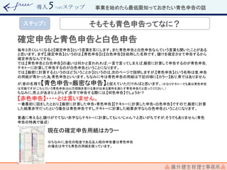 導入 つのステップ
ステップ1 そもそも青色申告ってなに？
確定申告と青色申告と白色申告
毎年３月くらいになると【確定申告】という言葉を耳にします。また青色申告と白色申告なんていう言葉も聞いたことがある
と思います。まず【,確定申告】というのは,【青色申告】と【白色申告】を総称した名称です。儲けを確定させて申告するから
確定申告なんですね。
では,【青色申告と白色申告】の違いは何かと言われれば,一言で言ってしまえば,厳密に計算して申告するのが青色申告,
テキトーに計算して申告するのが白色申告ということになります。
では,【厳密に計算するというのはどういうことか】というのは,次のページで説明しますが,【青色申告】という名称は昔,申告
の用紙が青かった為,青色申告といいます。ちなみに今は青色申告の用紙は下記の様に【カラー】あり,青ではありません
が,昔の名残で【青色申告=厳密な申告】と捉えていただければと思います。（かなりテキトーでも実は青色申告
は可能ですが,こちらでいう青色申告は65万控除を受ける事が出来る要件を満たす青色申告だと思ってください。）
ちなみに,売上があまり上がらず,赤字で申告する際には,【何色申告】でしょうか？
【赤色申告】・・・・とは言いません。
一番最初に話をしたとおり,【厳密に計算した申告=青色申告】【テキトーに計算した申告=白色申告】ですので,厳密に計算
した結果赤字だったという場合は青色申告ですし,テキトーに計算した結果赤字なら白色申告ということになります。
普通に考えると,儲けがでてない赤字ならテキトーに計算してもいいじゃん？と思いがちですが,そうでもありません（青色
申告の特典で後述）
現在の確定申告用紙はカラー
※ちなみに,会社の税金である法人税の申告書は青色申告
の場合は今でも青色の用紙を使っています。
事業を始めたら最低限知っておきたい青色申告の話
 