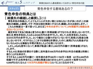 導入 つのステップ
【 純損失の繰越しと繰戻し】とは
青色申告の特典として,とてもメリットが大きい割には知らない方が多いのが,この純
損失の繰越しと繰戻しです（今回は話を単純にするため,繰越しのみお話をします。）
こちらの制度は一言で言ってしまえば,【今年の赤字について,３年間黒字と相殺出来
る】ということです。
確定申告で支払う税金と言うのは,儲け（所得金額）がでなければ,発生しないのです。
例えば,青色申告をしたAさんは300万円の赤字でした。対して,白色申告をしたBさん
は３００万円の赤字でした。という場合には儲けが出ていないので,両者とも税金は発
生しないのです。そうすると,ここまでは面倒な計算をしたのに,結局どちらも税金が出
ないならAさんは無駄な手間が発生したような気になります。
しかし,AもBも翌年になって,事業が軌道に乗り1,000万円の儲け（所得金額）が出た
とします。
すると,Aは,税金の計算をする際に,初年度の300万円の赤字を２年目の経費と同様に
扱うことが出来ます。
そうすると,1,000万円の儲け－初年度の赤字300万＝700万×税率 167万4,000円の
税額ですが,白色申告だと,この様な制度はありませんので,1,000万×税率で276万
4,000円となり,なんと１０９万円も税額が異なるということになるのです。
青色申告の特典とは
事業を始めたら最低限知っておきたい青色申告の話
青色申告する意味あるの？ステップ2
 