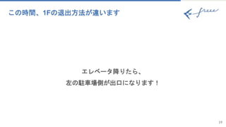 19
この時間、1Fの退出方法が違います
エレベータ降りたら、
左の駐車場側が出口になります！
 