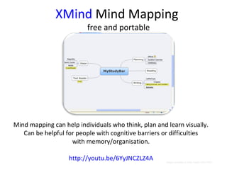 XMind Mind Mapping
free and portable

Mind mapping can help individuals who think, plan and learn visually.
Can be helpful for people with cognitive barriers or difficulties
with memory/organisation.
http://youtu.be/6YyJNCZLZ4A
Go to View > Header & Footer to edit

Image courtesy of Julia Taylor JISC RSC

 