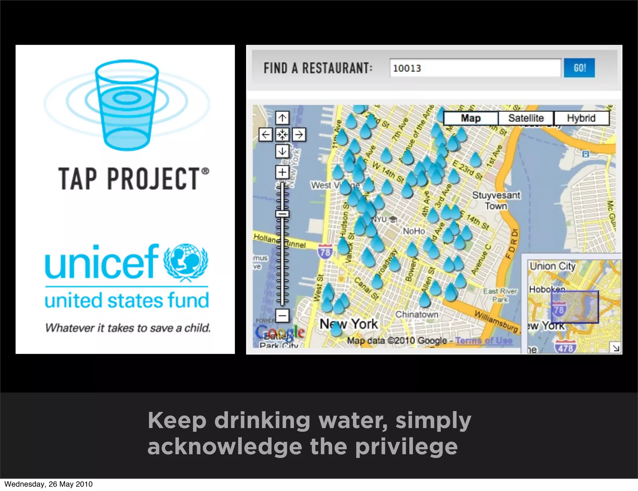 Keep drinking water, simply
                         acknowledge the privilege
Wednesday, 26 May 2010
 