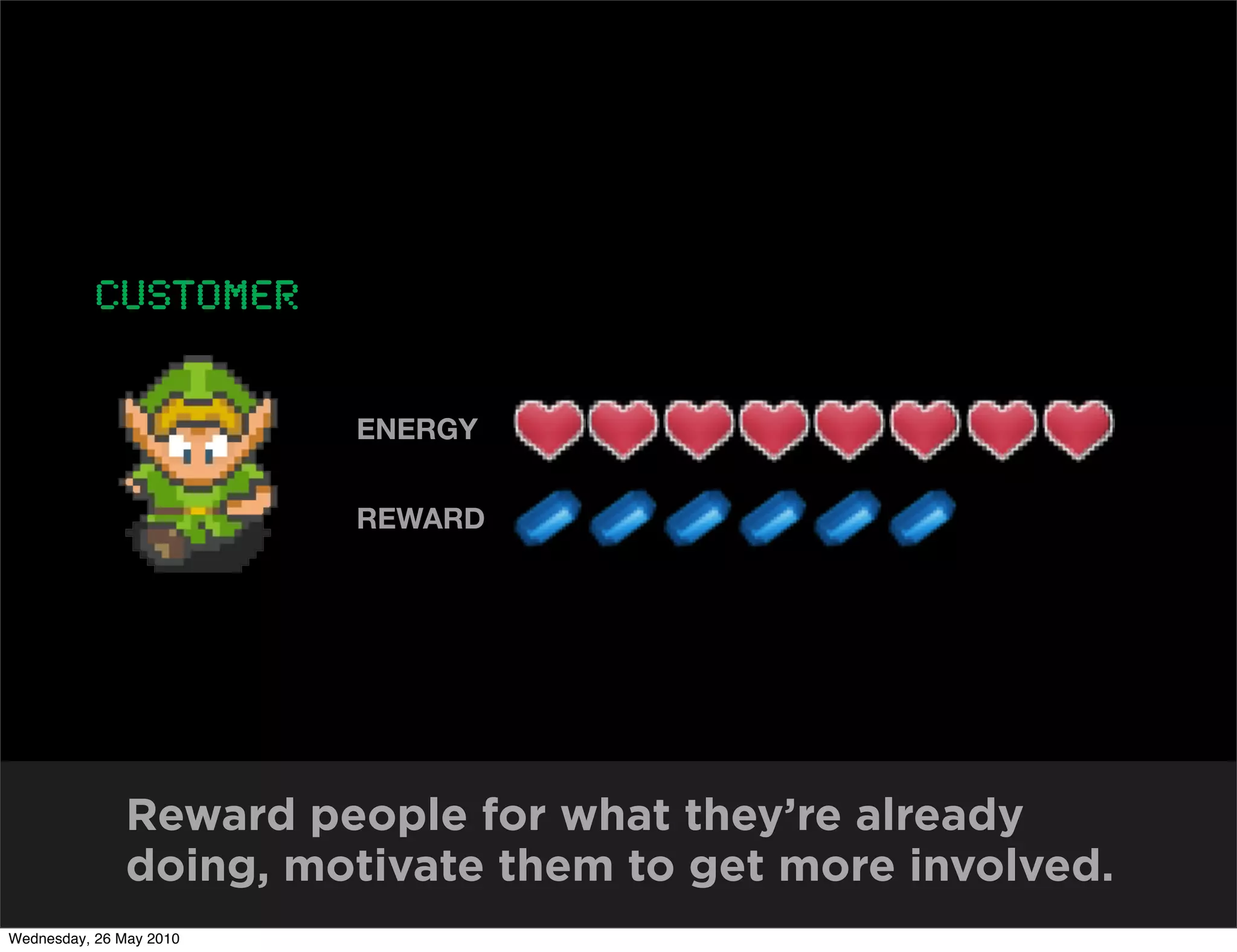 CUSTOMER

                         ENERGY


                         REWARD




               Reward people for what they’re already
               doing, motivate them to get more involved.
Wednesday, 26 May 2010
 