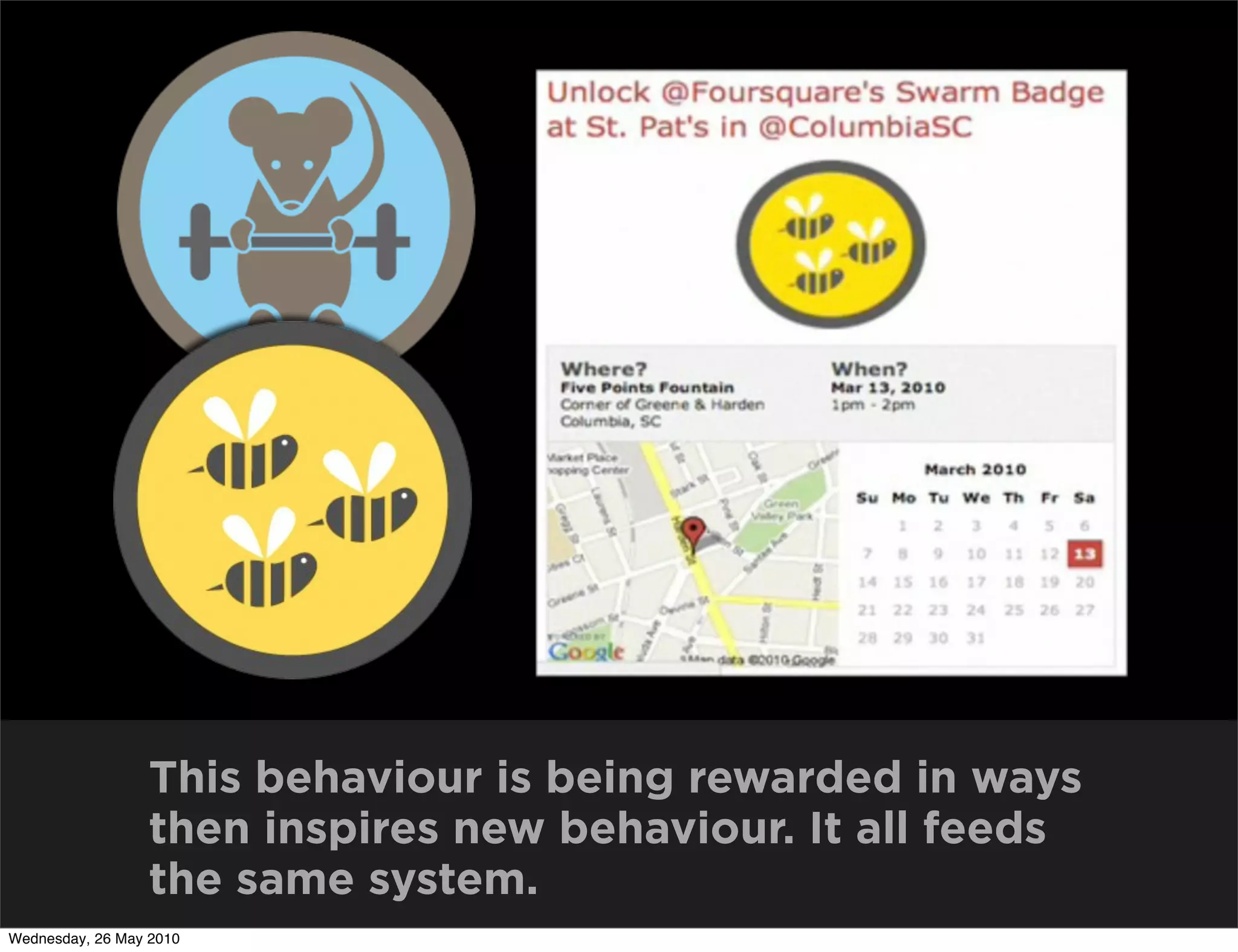 This behaviour is being rewarded in ways
                 then inspires new behaviour. It all feeds
                 the same system.
Wednesday, 26 May 2010
 