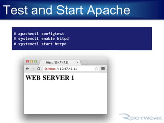 Test and Start Apache 
# apachectl configtest 
# systemctl enable httpd 
# systemctl start httpd 
 