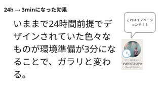 24h → 3minになった効果
いままで24時間前提でデ
ザインされていた色々な
ものが環境準備が3分にな
ることで、ガラリと変わ
る。
これはイノベーシ
ョンや！！
 