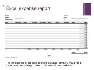 +
Excel expense report
The template has all the basic categories a typical company would need:
meals, transport, mileage, phone, hotel, entertainment and other.
 