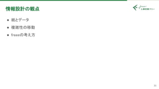 31
情報設計の観点 
● 紙とデータ 
● 複雑性の移動 
● freeeの考え方 
 