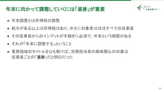54
年末に向かって調整していくには「進捗」が重要 
● 年末調整とは所得税の調整 
● 給与がある以上は所得税はあり、ゆえに対象者はほぼすべての従業員 
● その従業員からのインプットが手続きに必須で、年末という期限がある 
● それが「年末に調整する」ということ 
● 業務領域のタイトルをひも解けば、労務担当者の興味関心の対象は 
従業員ごとの「進捗」だと明白だった 
 