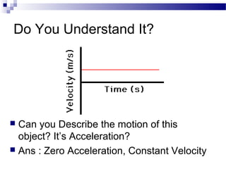 Do You Understand It?
 Can you Describe the motion of this
object? It’s Acceleration?
 Ans : Zero Acceleration, Constant Velocity
 