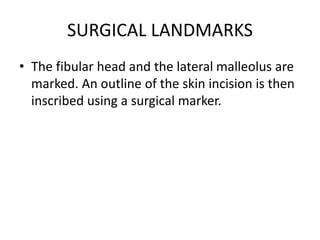 SURGICAL LANDMARKS
• The fibular head and the lateral malleolus are
marked. An outline of the skin incision is then
inscribed using a surgical marker.
 