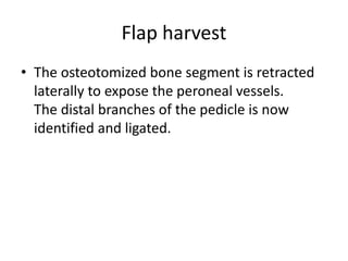 Flap harvest
• The osteotomized bone segment is retracted
laterally to expose the peroneal vessels.
The distal branches of the pedicle is now
identified and ligated.
 