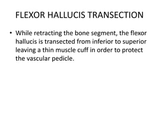 FLEXOR HALLUCIS TRANSECTION
• While retracting the bone segment, the flexor
hallucis is transected from inferior to superior
leaving a thin muscle cuff in order to protect
the vascular pedicle.
 
