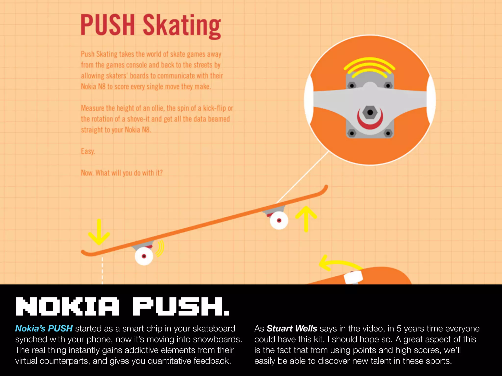 NOKIA PUSH.
Nokia’s PUSH started as a smart chip in your skateboard        As Stuart Wells says in the video, in 5 years time everyone
synched with your phone, now it’s moving into snowboards.      could have this kit. I should hope so. A great aspect of this
The real thing instantly gains addictive elements from their   is the fact that from using points and high scores, we’ll
virtual counterparts, and gives you quantitative feedback.     easily be able to discover new talent in these sports.
 