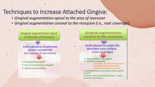 • Gingival augmentation apical to the area of recession
• Gingival augmentation coronal to the recession (i.e., root coverage).
Techniques to Increase Attached Gingiva:
 