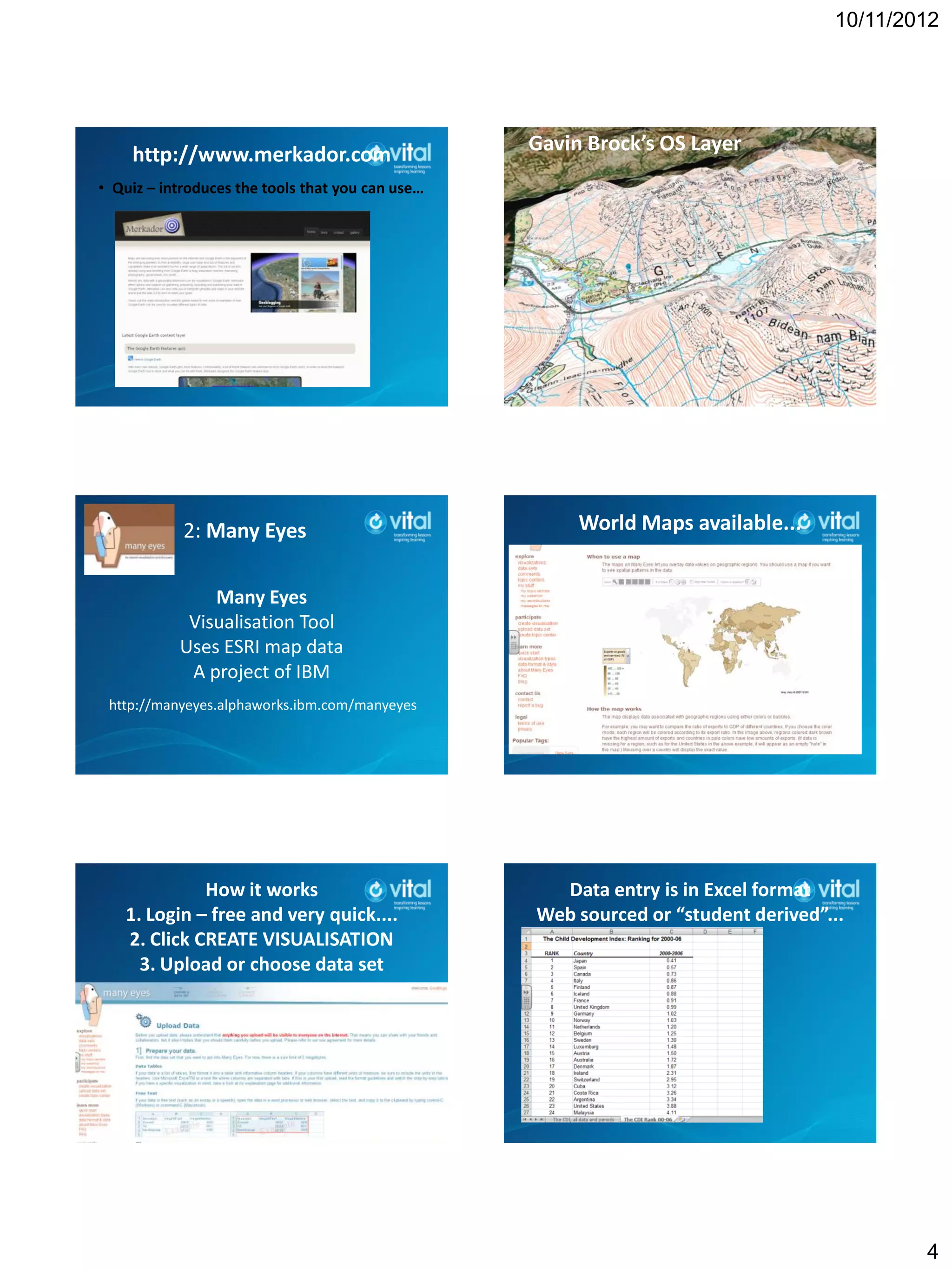 10/11/2012




    http://www.merkador.com                       Gavin Brock’s OS Layer
• Quiz – introduces the tools that you can use…




            2: Many Eyes                               World Maps available...


               Many Eyes
            Visualisation Tool
           Uses ESRI map data
            A project of IBM
 http://manyeyes.alphaworks.ibm.com/manyeyes




             How it works                           Data entry is in Excel format
   1. Login – free and very quick....             Web sourced or “student derived”...
   2. Click CREATE VISUALISATION
     3. Upload or choose data set




                                                                                           4
 
