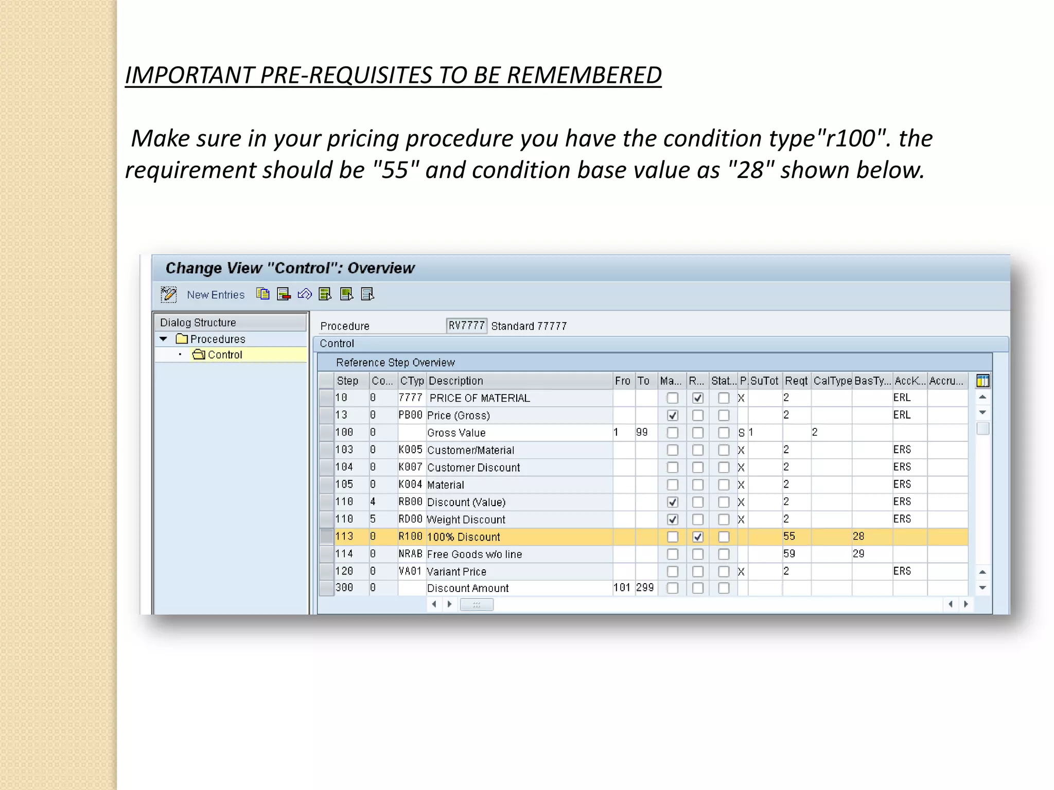 IMPORTANT PRE-REQUISITES TO BE REMEMBERED
Make sure in your pricing procedure you have the condition type"r100". the
requirement should be "55" and condition base value as "28" shown below.
 