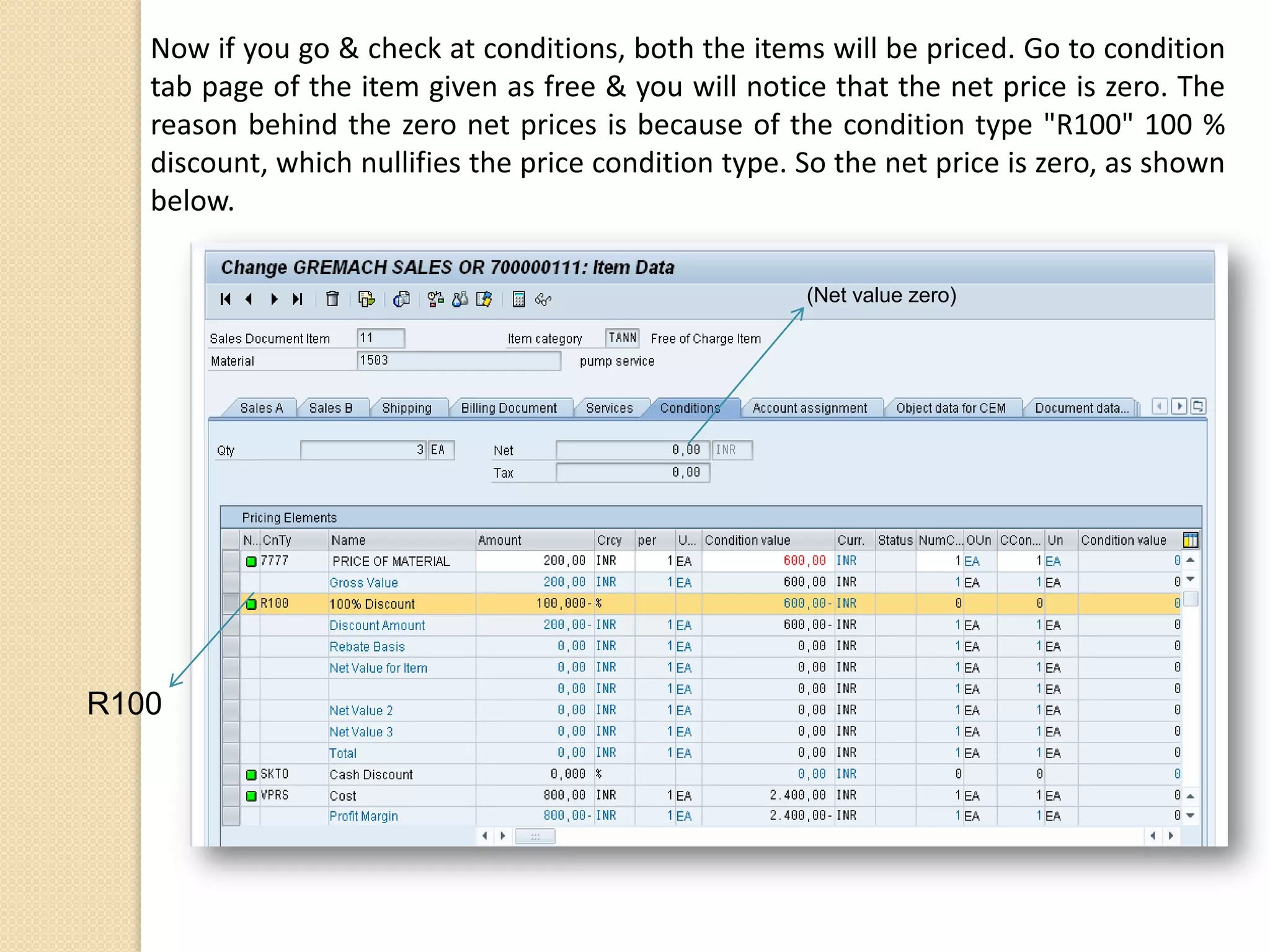 Now if you go & check at conditions, both the items will be priced. Go to condition
tab page of the item given as free & you will notice that the net price is zero. The
reason behind the zero net prices is because of the condition type "R100" 100 %
discount, which nullifies the price condition type. So the net price is zero, as shown
below.
R100
(Net value zero)
 
