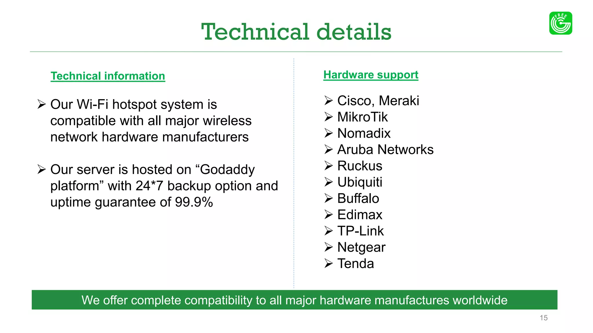Technical details
We offer complete compatibility to all major hardware manufactures worldwide
15
Technical information
 Cisco, Meraki
 MikroTik
 Nomadix
 Aruba Networks
 Ruckus
 Ubiquiti
 Buffalo
 Edimax
 TP-Link
 Netgear
 Tenda
 Our Wi-Fi hotspot system is
compatible with all major wireless
network hardware manufacturers
 Our server is hosted on “Godaddy
platform” with 24*7 backup option and
uptime guarantee of 99.9%
Hardware support
 