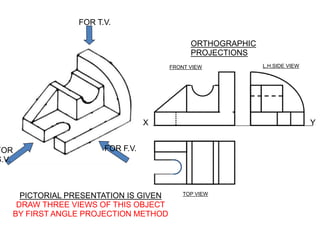 FOR T.V.
FOR
S.V.
FOR F.V.
PICTORIAL PRESENTATION IS GIVEN
DRAW THREE VIEWS OF THIS OBJECT
BY FIRST ANGLE PROJECTION METHOD
ORTHOGRAPHIC
PROJECTIONS
FRONT VIEW
TOP VIEW
L.H.SIDE VIEW
X Y
 
