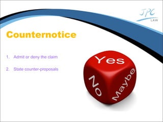 Counternotice
1. Admit or deny the claim
2. State counter-proposals
 