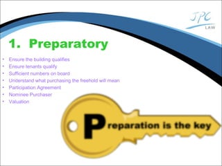 1. Preparatory
• Ensure the building qualifies
• Ensure tenants qualify
• Sufficient numbers on board
• Understand what purchasing the freehold will mean
• Participation Agreement
• Nominee Purchaser
• Valuation
 