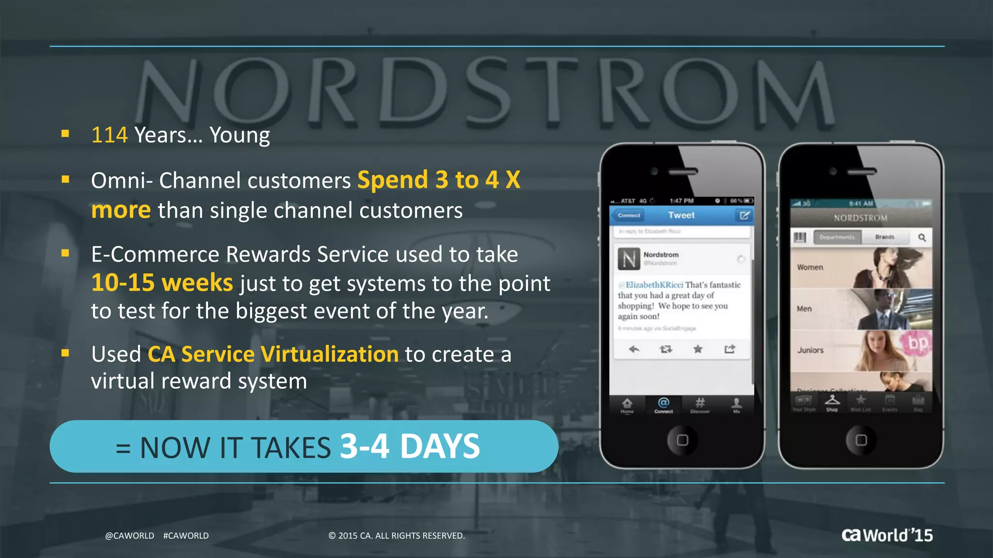 12 © 2015 CA. ALL RIGHTS RESERVED.@CAWORLD #CAWORLD © 2015 CA. ALL RIGHTS RESERVED.@CAWORLD #CAWORLD
 114 Years… Young
 Omni- Channel customers Spend 3 to 4 X
more than single channel customers
 E-Commerce Rewards Service used to take
10-15 weeks just to get systems to the point
to test for the biggest event of the year.
 Used CA Service Virtualization to create a
virtual reward system
= NOW IT TAKES 3-4 DAYS
 