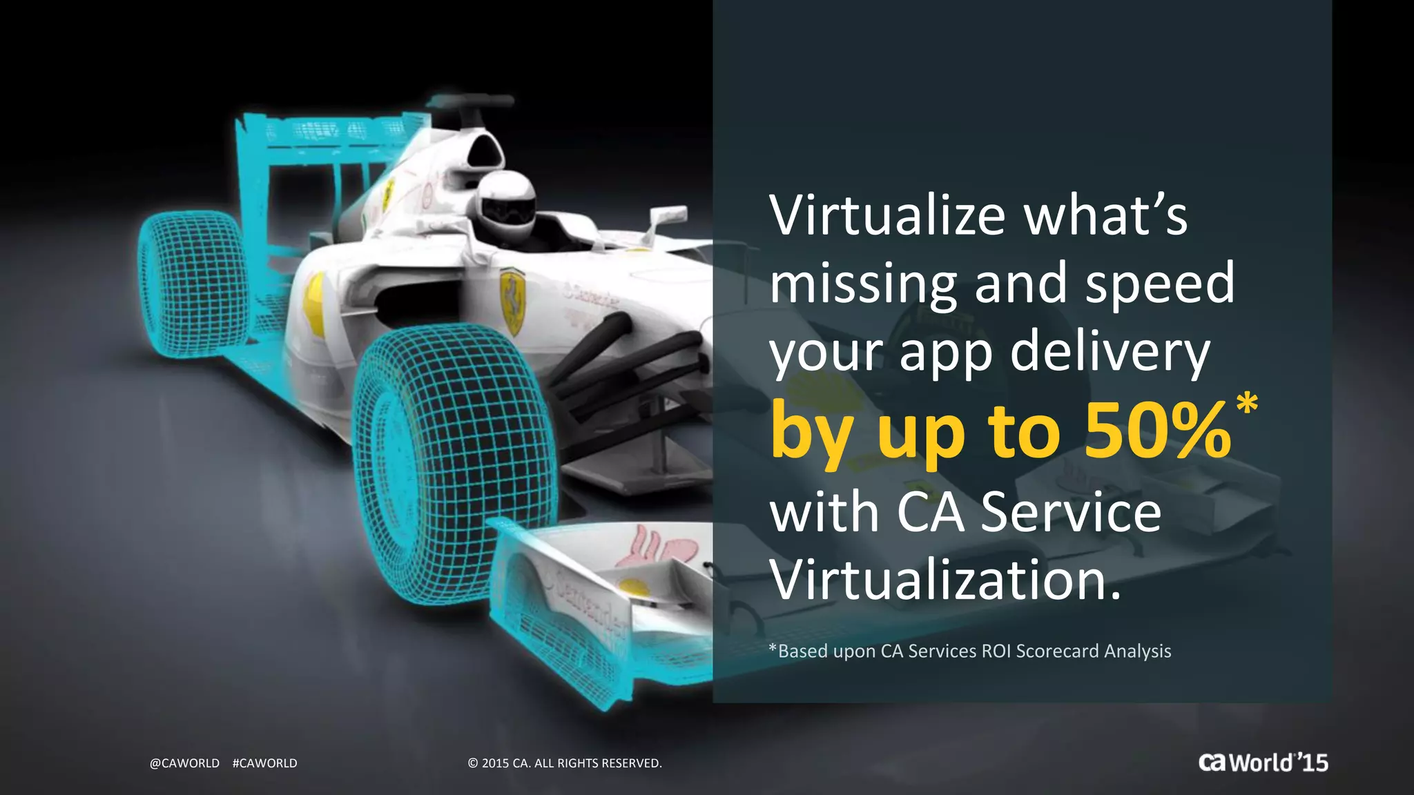 20 © 2015 CA. ALL RIGHTS RESERVED.@CAWORLD #CAWORLD © 2015 CA. ALL RIGHTS RESERVED.@CAWORLD #CAWORLD
Virtualize what’s
missing and speed
your app delivery
by up to 50%*
with CA Service
Virtualization.
*Based upon CA Services ROI Scorecard Analysis
 