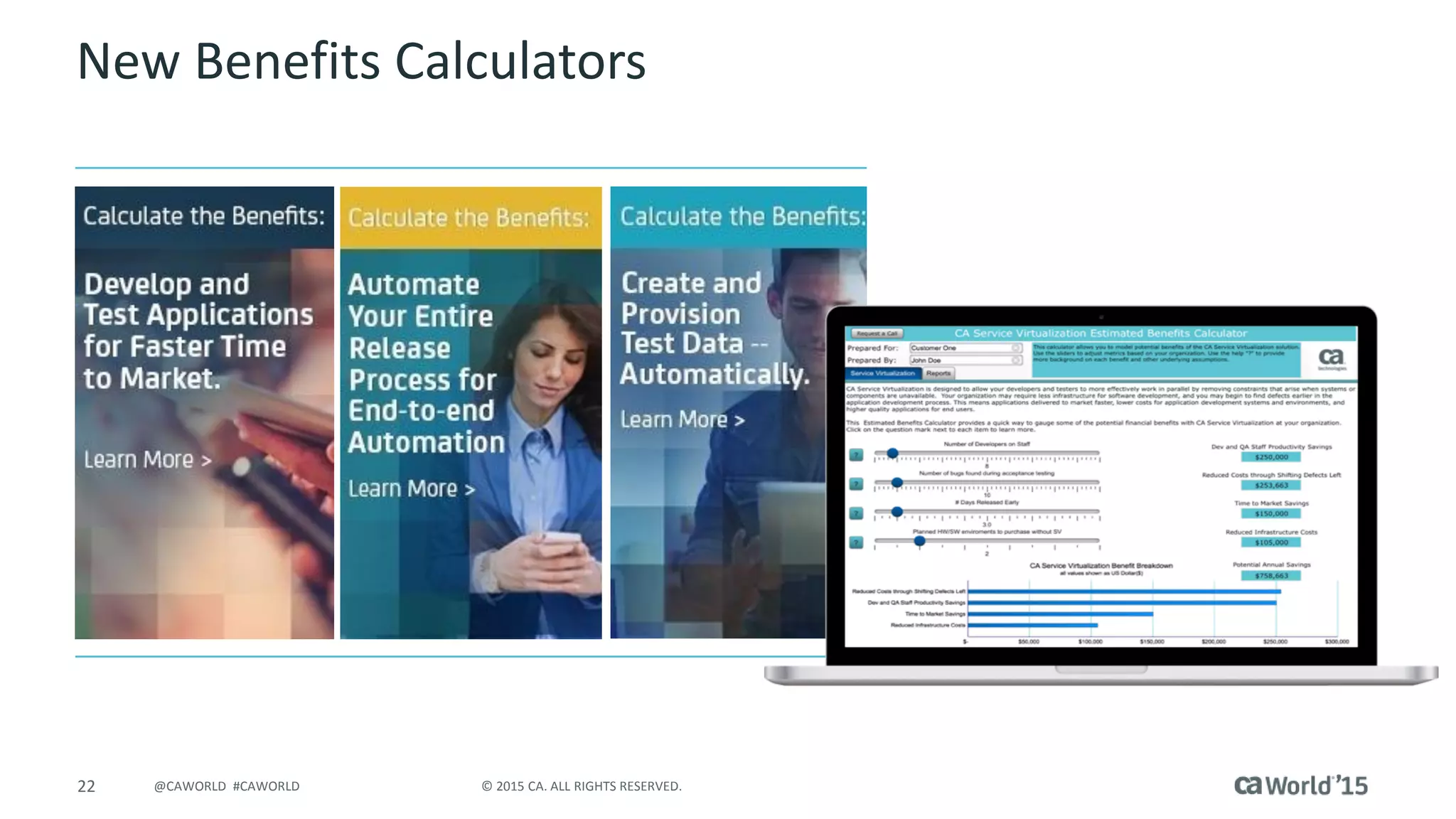 22 © 2015 CA. ALL RIGHTS RESERVED.@CAWORLD #CAWORLD
New Benefits Calculators
 