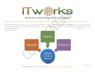 ITworks announces freeIT – an entry level managed services offering for the small to medium sized business.

Our primary focus for our clients can be categorized into three main groups: Security, Stability and Reliability. It is our experience that if
each of these categories are not properly maintained as a whole, it will result in a computer, server, or network that has mystery issues
and is susceptible to                                                                                                 being down or
marginally useable.




                                                                                                                                     1|Page
                             PO Box 13023 Fairlawn, OH 44334 // (330) 247-2471 // info@ITworksLLC.net // http://www.ITworksLLC.net
 