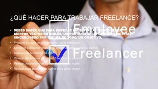 ¿QUÉ HACER PARA TRABAJAR FREELANCE?
• DEBES SABER QUE PARA EMPEZAR NECESITAS AL MENOS TENER
CIERTOS TEXTOS EN INGLÉS, UN PORTAFOLIO, UN CURRÍCULUM VITAE
SINCERO PERO POR ENCIMA DE TODO, UN OBJETIVO.
• Preparar tu carta de presentación como freelancer
• Aprender a elaborar propuestas personalizadas para tus clientes
• Seleccionar tu método de cobro
• Revisar plataformas de trabajo freelance en español
• Revisar plataformas de trabajo freelance en inglés
• Revisar otras plataformas online para ganar dinero
 