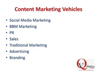 Content Marketing Vehicles
• Social Media Marketing
• BBM Marketing
• PR
• Sales
• Traditional Marketing
• Advertising
• Branding
 