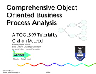 Comprehensive ObjectComprehensive Object
Oriented BusinessOriented Business
Process AnalysisProcess Analysis
A TOOLS'99 Tutorial byA TOOLS'99 Tutorial by
Graham McLeodGraham McLeod
Managing Partner, Inspired
Senior Lecturer, University of Cape Town
www.inspired.org mcleod@iafrica.com
I.T. ConsultingI.T. Consulting TrainingTraining ResearchResearch
INSPIREDINSPIRED
© Graham McLeod
tools99_SteveEditforPublish.prz 1 16-03-00
 
