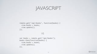 JAVASCRIPT
VS
27
@drpicox
remote.get(‘/api/books’, function(books) {
view.books = books;
view.update();
});
var books = remote.get(‘/api/books’);
books.then(function(books) {
view.books = books;
view.update();
});
 