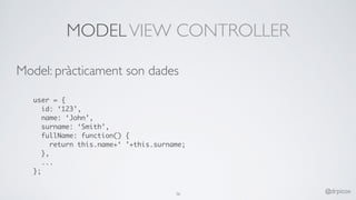 MODELVIEW CONTROLLER
Model: pràcticament son dades
user = {
id: ‘123’,
name: ‘John’,
surname: ‘Smith’,
fullName: function() {
return this.name+‘ ’+this.surname;
},
...
};
36 @drpicox
 