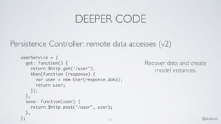 DEEPER CODE
Persistence Controller: remote data accesses (v2)
userService = {
get: function() {
return $http.get(‘/user’).
then(function (response) {
var user = new User(response.data);
return user;
});
},
save: function(user) {
return $http.post(‘/user’, user);
},
}; 57 @drpicox
Recover data and create
model instances.
 