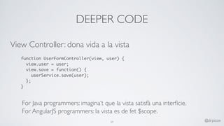 DEEPER CODE
View Controller: dona vida a la vista
function UserFormController(view, user) {
view.user = user;
view.save = function() {
userService.save(user);
};
}
59 @drpicox
For Java programmers: imagina’t que la vista satisfà una interﬁcie.
For AngularJS programmers: la vista es de fet $scope.
 