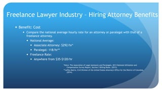 Freelance Lawyer Industry – Hiring Attorney Benefits
 Benefit: Cost
 Compare the national average hourly rate for an att...