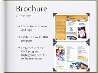 Brochure
     University


        • Use university colors
              and logo

        • Establish look for B&I
              program

        • Depict ease of the
              CNA program,
              highlighting beneﬁts
              to the maximum


Return to Table of Contents
 