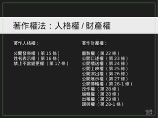 14/36
2014
著作權法：人格權 / 財產權
著作人格權：
公開發表權 ( 第 15 條 )
姓名表示權 ( 第 16 條 )
禁止不當變更權 ( 第 17 條 )
著作財產權：
重製權 ( 第 22 條 )
公開口述權 ( 第 23 條 )
公開播送權 ( 第 24 條 )
公開上映權 ( 第 25 條 )
公開演出權 ( 第 26 條 )
公開展示權 ( 第 27 條 )
公開傳輸權 ( 第 26-1 條 )
改作權 ( 第 28 條 )
編輯權 ( 第 28 條 )
出租權 ( 第 29 條 )
讓與權 ( 第 28-1 條 )
 