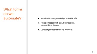 What forms
do we
automate?
6
● Invoice with changeable logo, business info
● Project Proposal with logo, business info,
standard legal Jargon
● Contract generated from the Proposal
