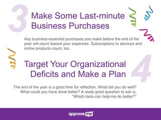 3Make Some Last-minute
Business Purchases
Any business-essential purchases you make before the end of the
year will count toward your expenses. Subscriptions to services and
online products count, too.
4Target Your Organizational
Deficits and Make a Plan
The end of the year is a good time for reﬂection. What did you do well?
What could you have done better? A really good question to ask is,
“Which tools can help me do better?”
 
