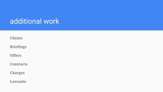 additional work
Clients
Briefings
Offers
Contracts
Charges
Lawsuits
 