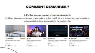 COMMENT DEMARRER ?
4. Publier vos services et attendre des clients
- Utilisez des mots-clés pertinents dans votre profil et vos annonces pour améliorer
votre visibilité dans les résultats de recherche.
 